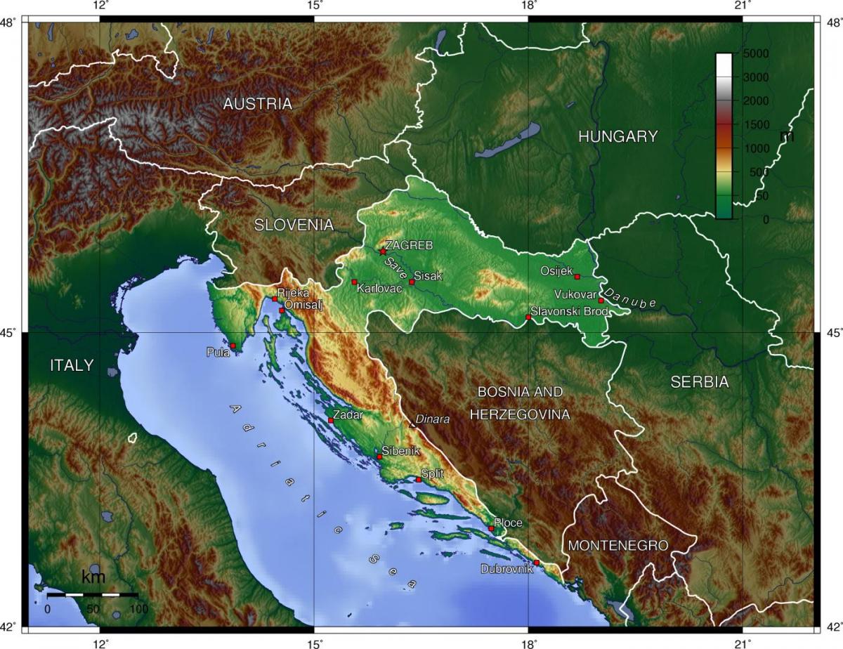 Topographical map of Croatia