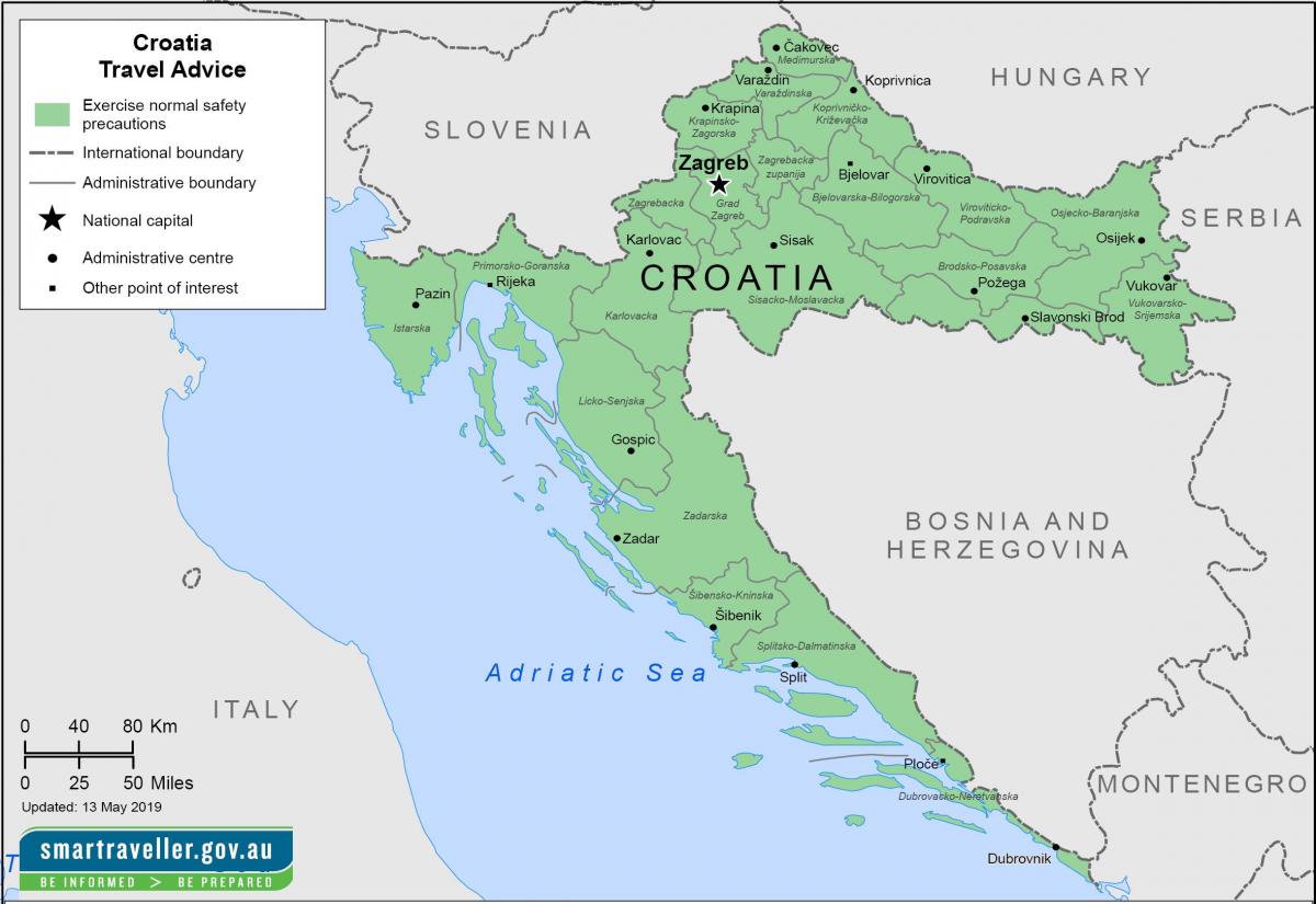 Map of Croatia with main cities